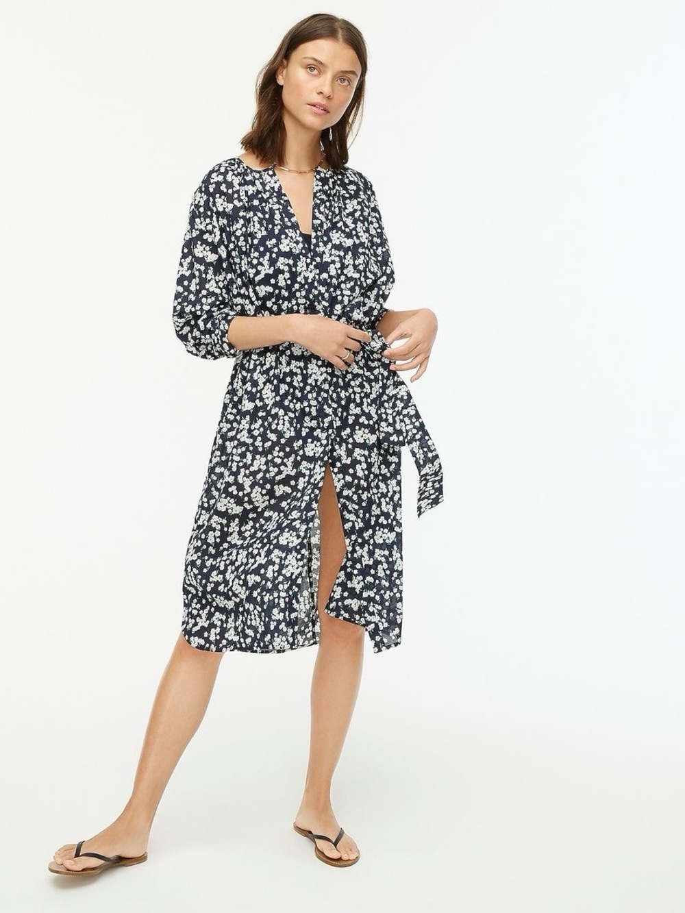 J. Crew Navy Tie-waist tunic dress in little blooms Size XS Button-Front Cotton